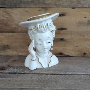 Vintage 6" Lady Head Vase White Dress and Hat Gold Highlights